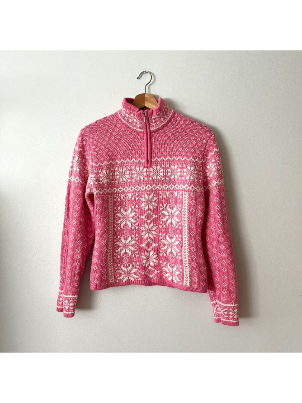 Vtg Obermeyer Pink Fair Isle Nordic Wool Blend 1/2 Zip Sweater Women's Size M